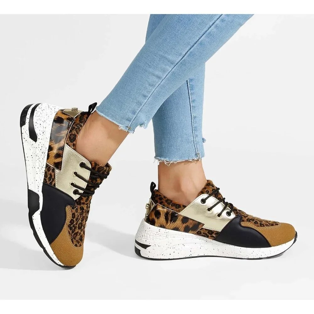 Lucky Step Women's Brown High Heel Wedge Sneaker Fashion Cliff Platform Lace Up - Picture 9 of 9